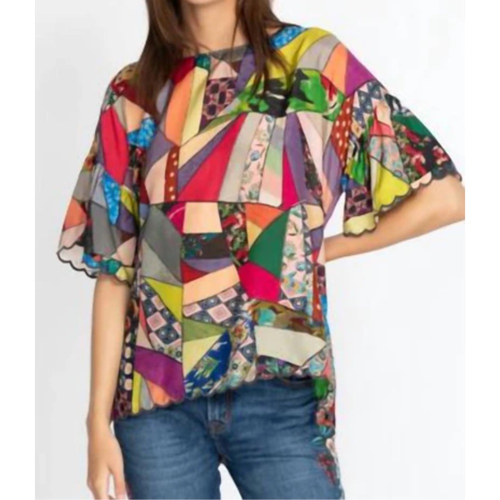 Johnny Was Eloise Blouse Women Size M Multi-Color Silk Patchwork Scalloped Poet